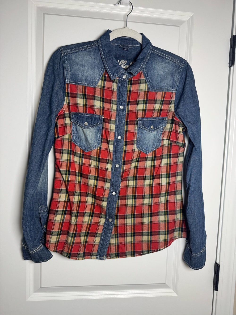 Vanilla Star Red Plaid Cotton Western Style Shirt with Denim Trim